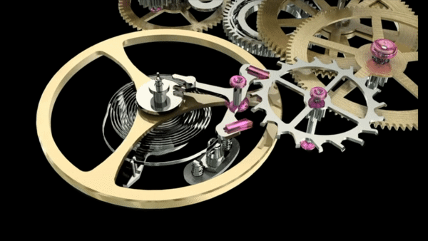 Balancier, spiral et roue d'échappement en mouvement